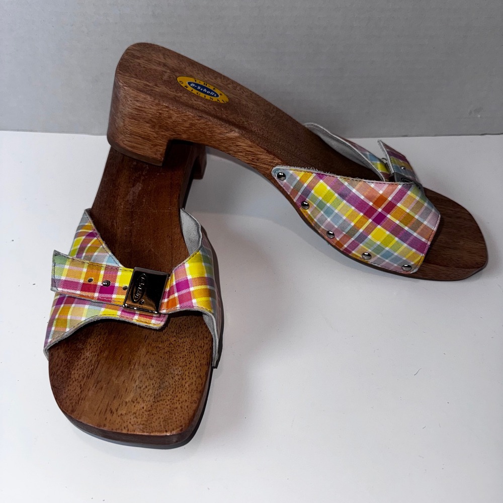 Dr Scholls Original Sandals Womens 9 Multicolor Plaid Wood Block Heel Slides